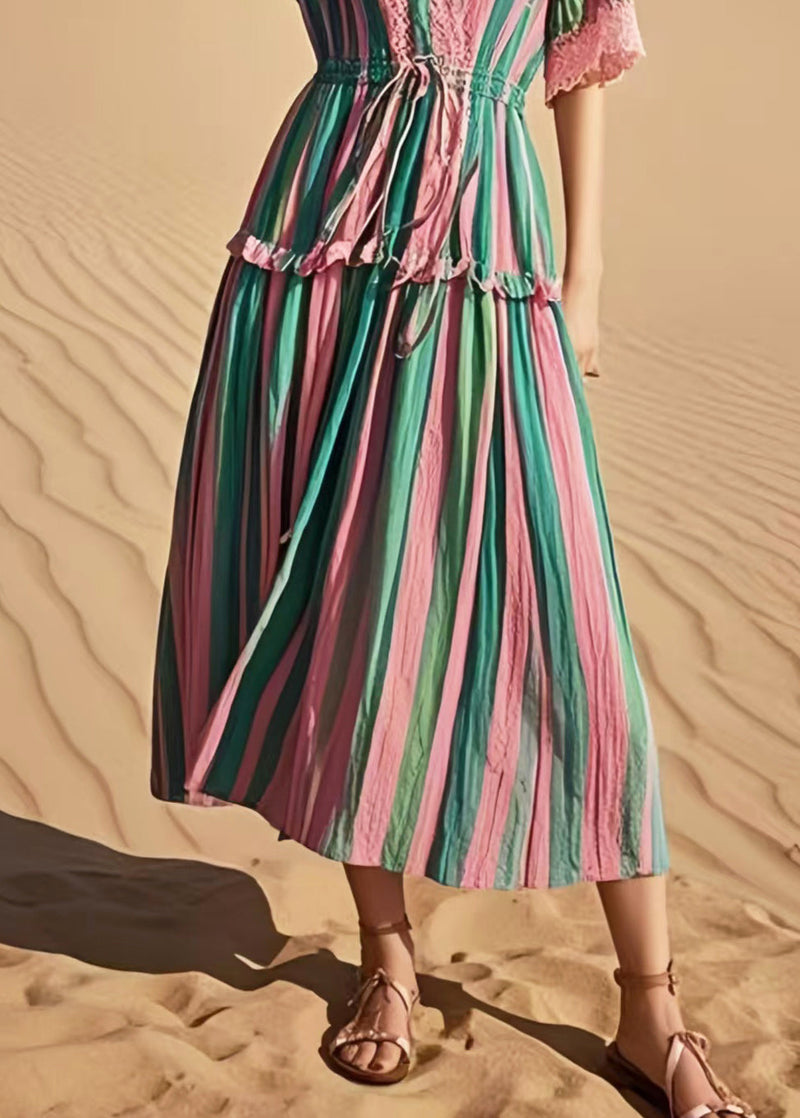 Rainbow Cinched Striped Cotton Holiday Dress Summer