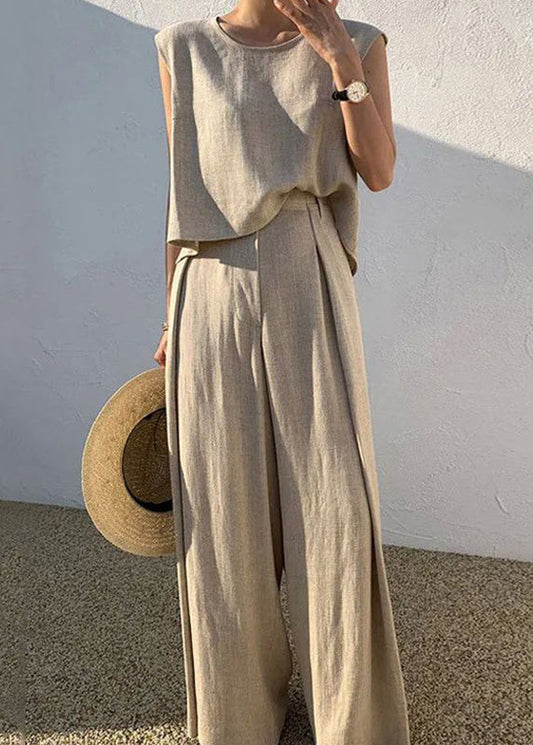 Boutique Khaki O-neck T Shirt and Wide Leg Pants Two Pieces Set Sleeveless Summer