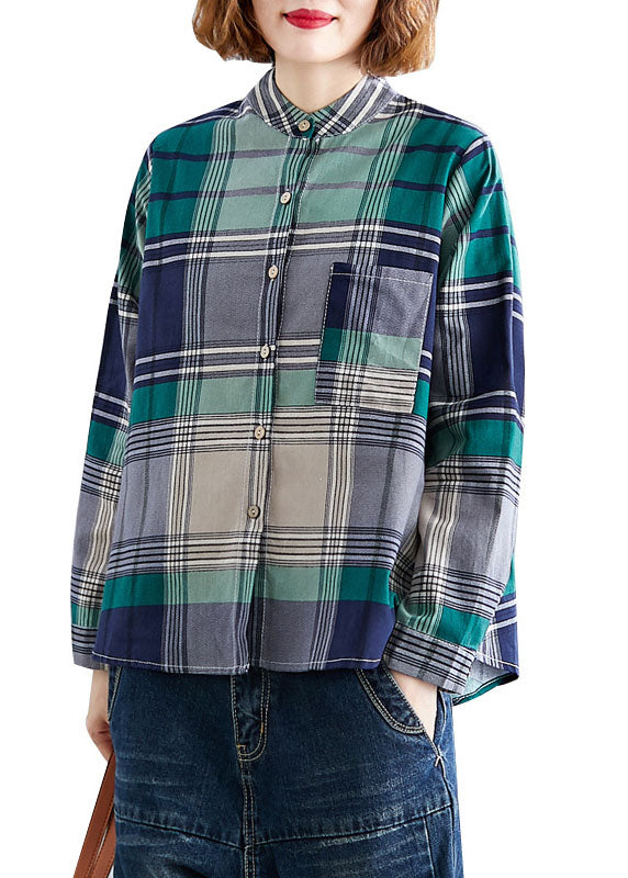 Art Green Pockets Button Patchwork Fall Plaid Long Sleeve Top