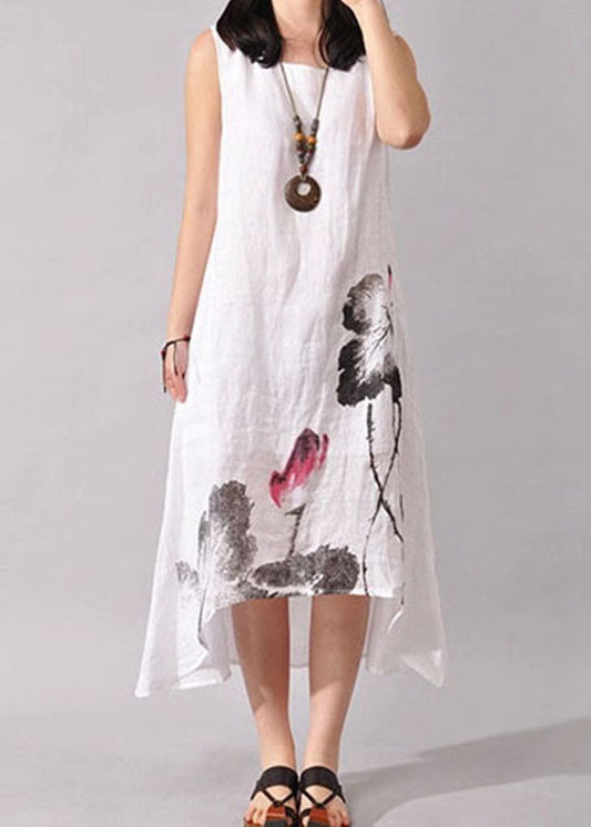 Art White O-neck Print Low High Design Cotton Dress Summer