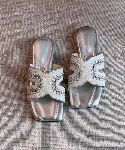 Silver Sheepskin Splicing Slide Sandals Peep Toe