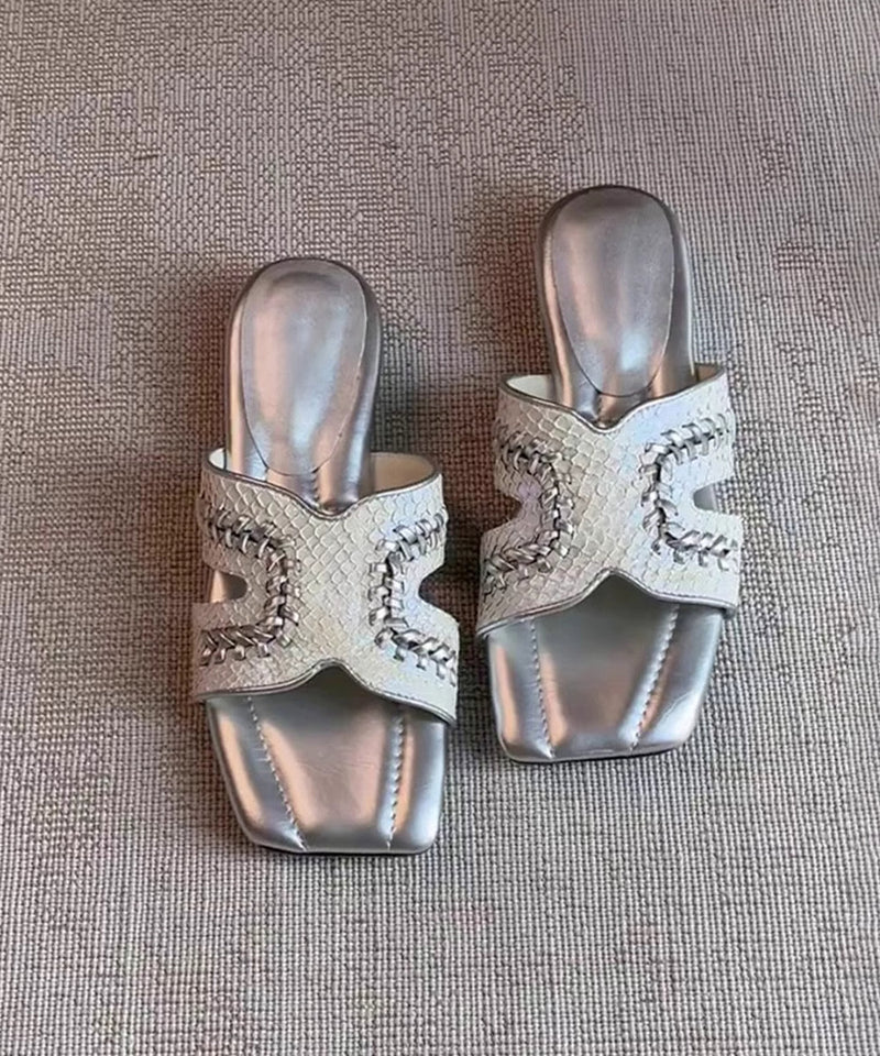 Silver Sheepskin Splicing Slide Sandals Peep Toe