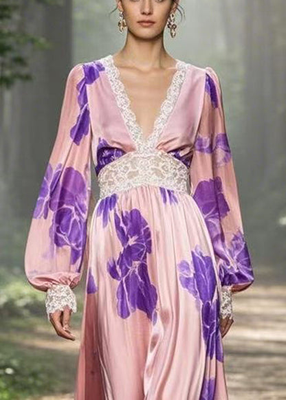 Pink V Neck Print Patchwork Silk Long Dress Spring