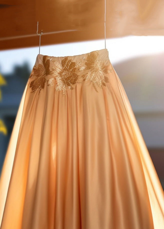 New Orange Embroidered High Waist Silk Skirt Spring