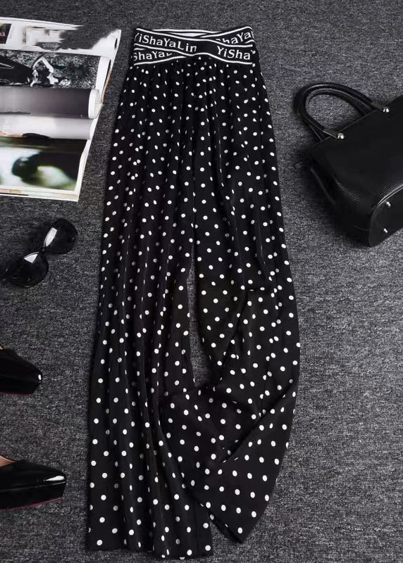 Black Print Elastic Waist Draping Chiffon Wide Leg Pants Summer