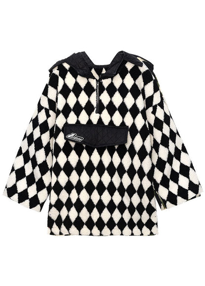 Comfy Plaid Teddy Hooded Patchwork Fall Sweatshirt Street Wear