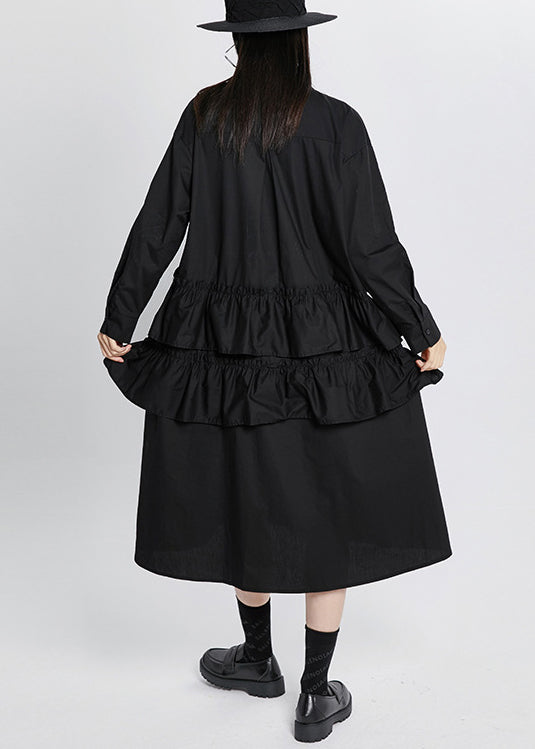 Black Peter Pan Collar Ruffles Patchwork Shirt Dress Long Sleeve