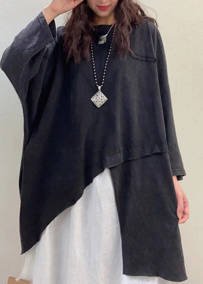 Red O-neck Asymmetrical Design Cotton Top Long Sleeve