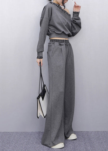 French Grey Striped Patchwork Top and Straight Pants Two Pieces Set Puff Sleeve
