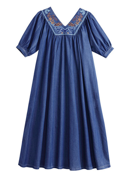 Blue V Neck Wrinkled Embroideried Cotton Party Dress Half Sleeve