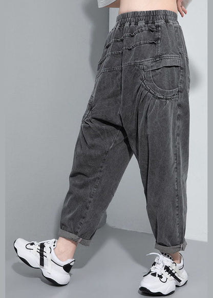 Handmade Black Elastic Waist Pockets Jean Pants Spring