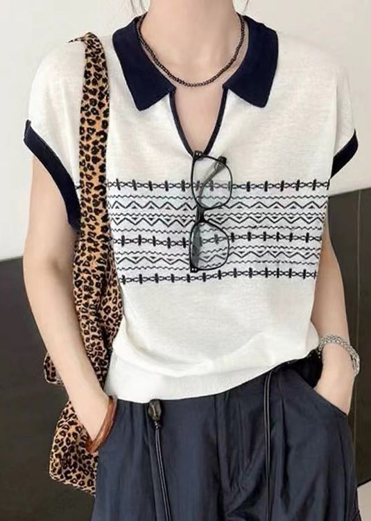 White Peter Pan Collar Print Knit Top Summer