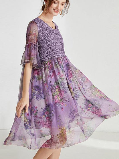 Blue Print Chiffon Patchwork Summer Dresses