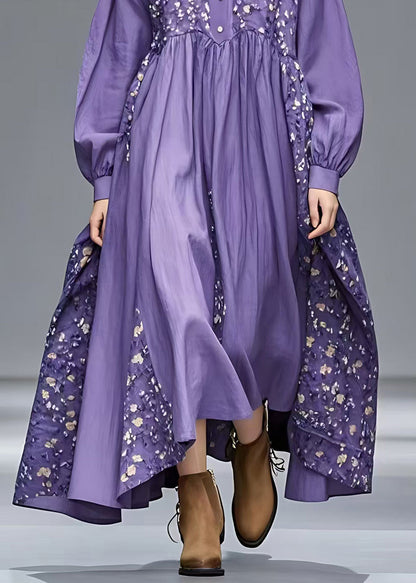 French Purple Peter Pan Collar Patchwork Long Dresses Long Sleeve Spring