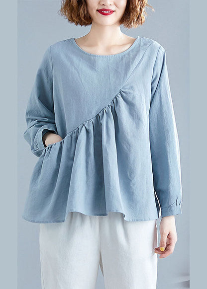 Loose Blue O-neck Pockets Patchwork Fall Long Sleeve Top