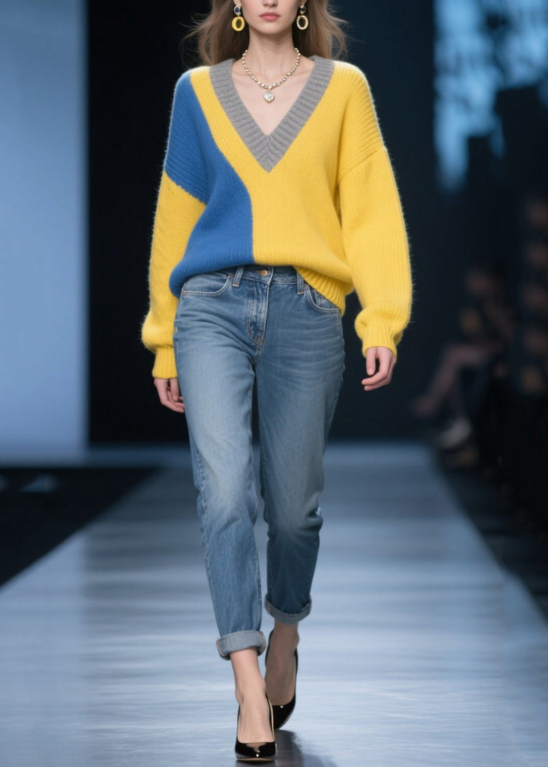 Yellow Patchwork Sweater Tops Asymmetrical Design Winter