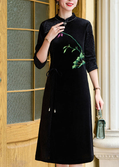 Black Print Tie Waist Silk Velour Vacation Long Dresses Long Sleeve