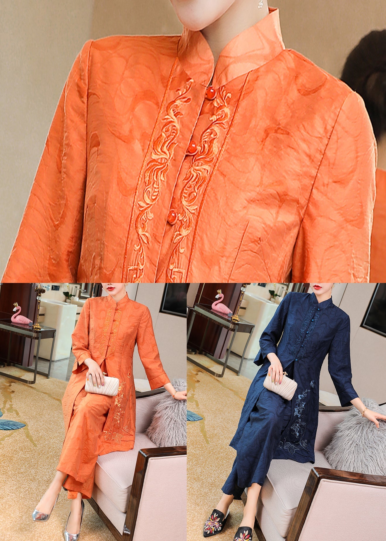 Navy Silk Two Pieces Set Embroideried Stand Collar Button Spring