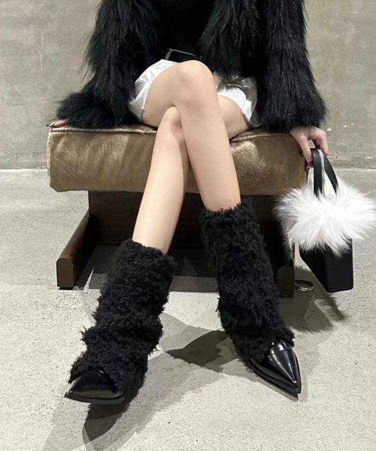 Beige Fuzzy Fur Splicing Heels Boots Pointed Toe