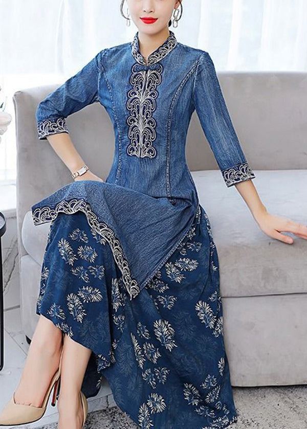 Blue Mandarin Collar Embroideried Patchwork Cotton Denim Fake Two Piece Dress Half Sleeve