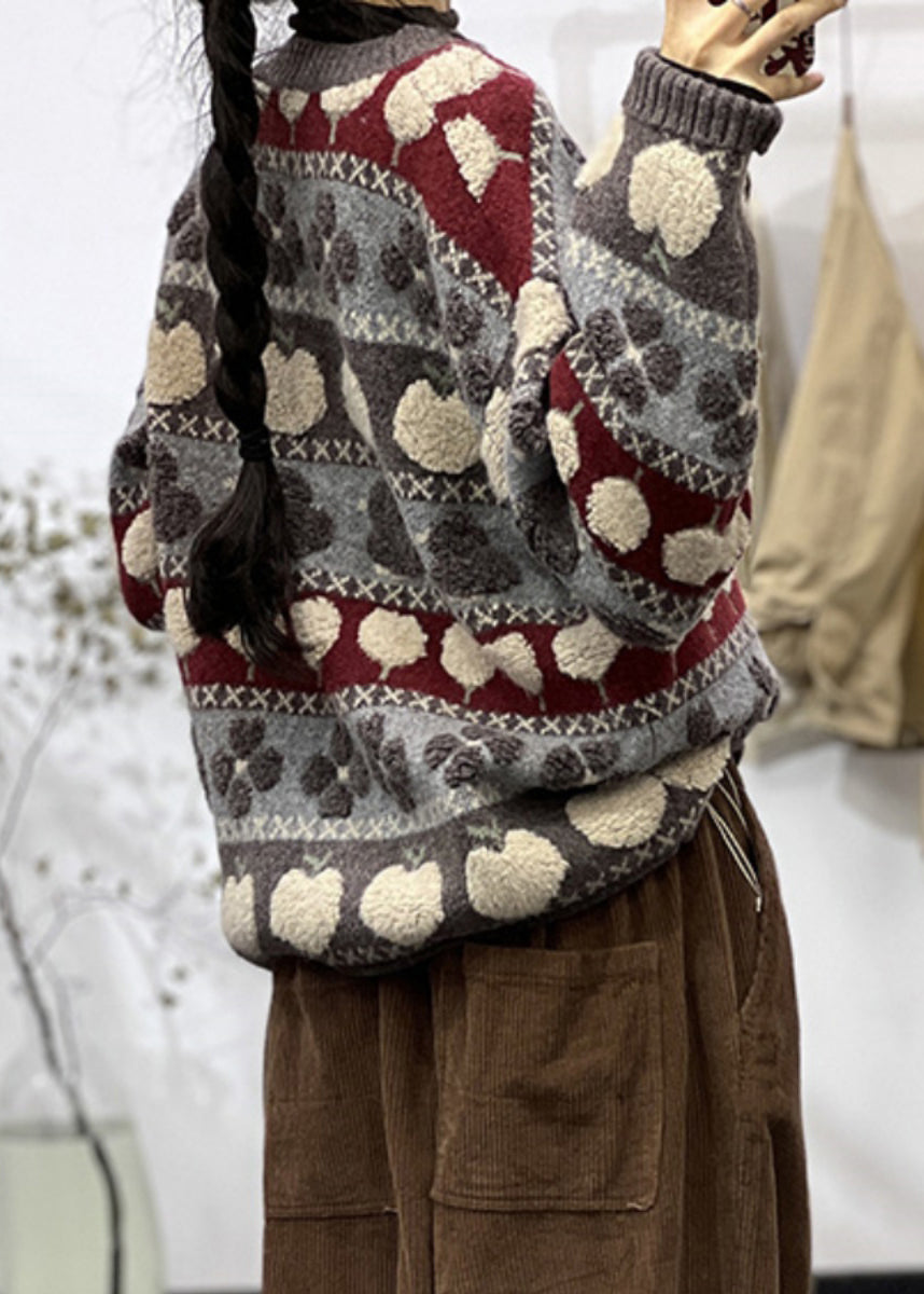 Grey O Neck Patchwork Cozy Cotton Knit Sweaters Long Sleeve