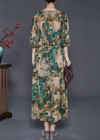 Green Cinched Print Chiffon Long Dress Fall