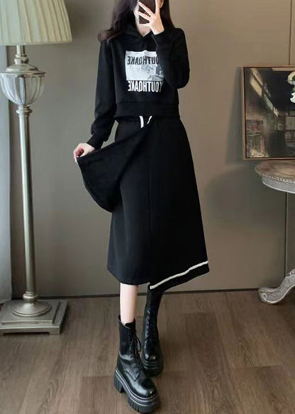 Black Hooded Sweatshirt and Skirts Cotton Two Piece Set Spring
