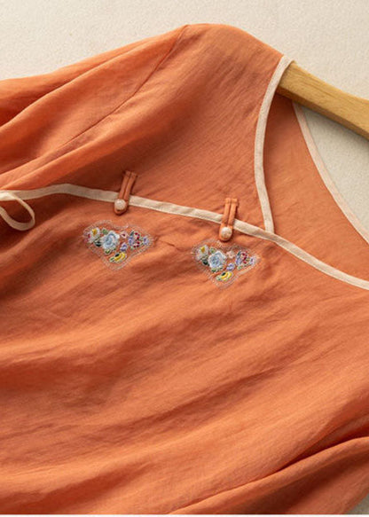 Orange V Neck Tie Waist Embroideried Linen Shirt Top Spring