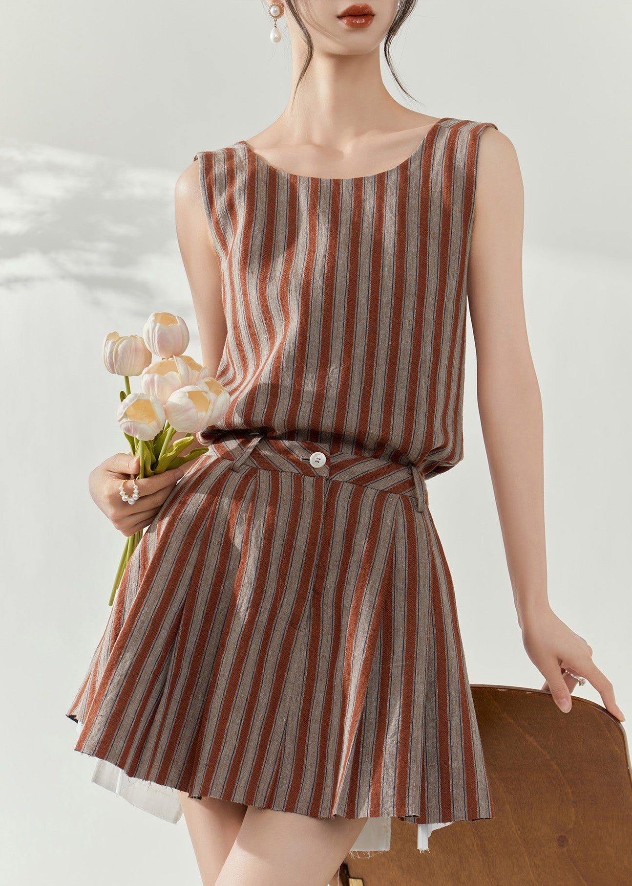 Brown Striped Cotton Top and Skirts Two-piece Set Summer