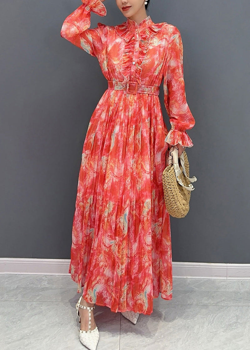 Red Stand Collar Print Sashes Chiffon Long Dress Long Sleeve Fall