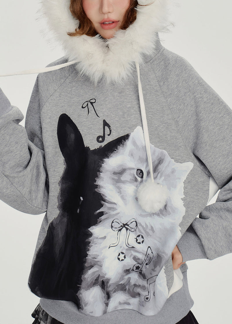 Italian Grey Hooded Print Cotton Pullover Winter