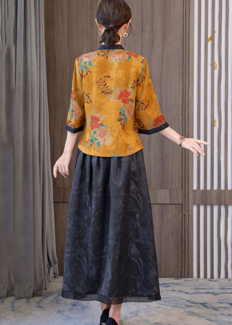 Retro Yellow Oriental Stand Collar Print Silk Tops and Skirts Two Pieces Set Half Sleeve
