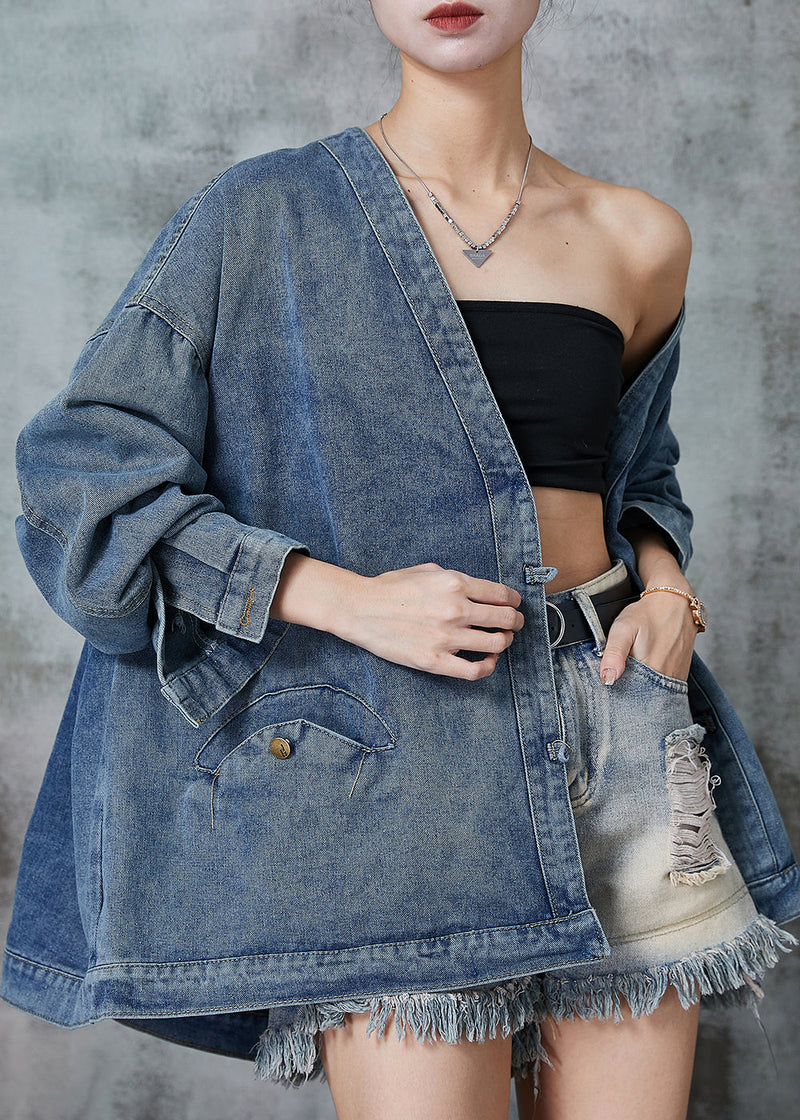 Navy Oversized Chinese Button Denim Coats Spring