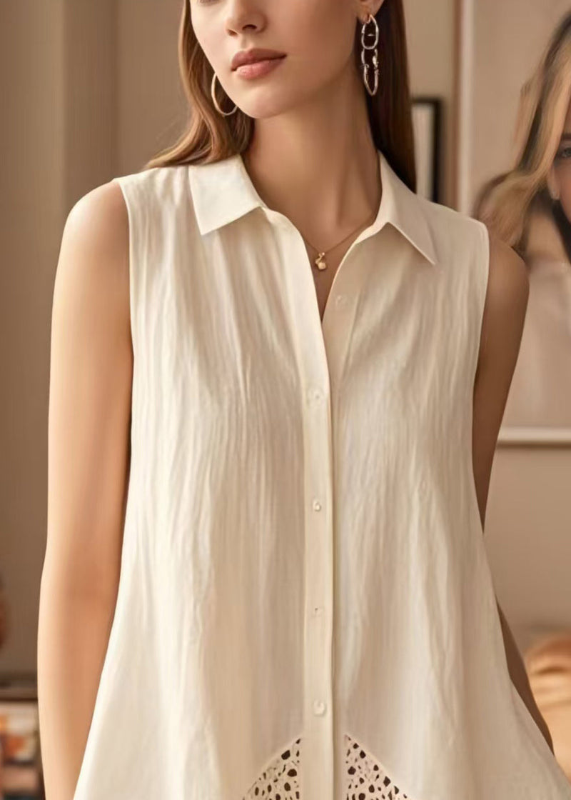White Peter Pan Collar Patchwork Cotton Blouses Sleeveless
