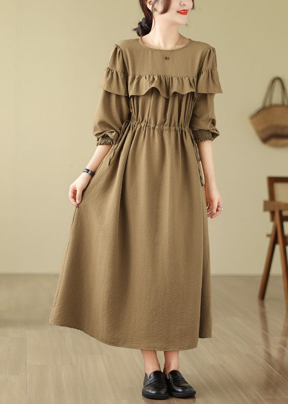 French Green O-neck Ruffled Patchwork Drawstring Party Long Dress Fall