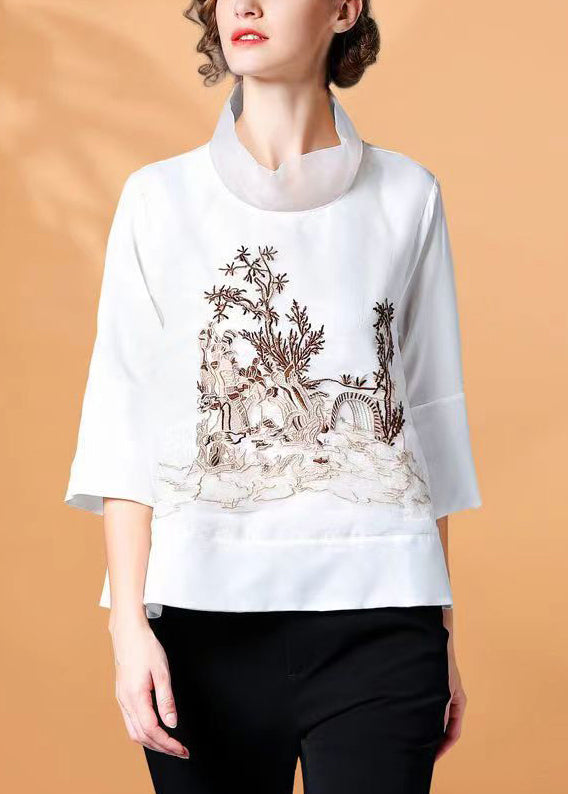 White Stand Collar Embroidered Silk Shirt Spring