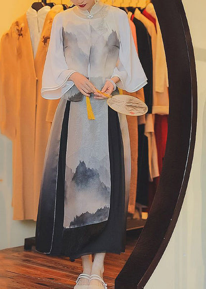 Autumn New Chinese Landscape Printing Stand Collar Two Piece Set