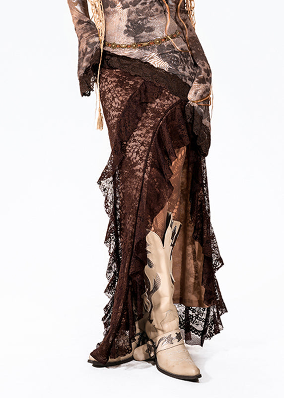 Coffee Asymmetrical Patchwork Side Open Maxi Skirts