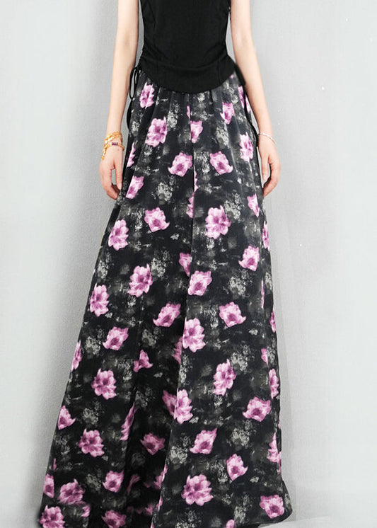 New Dark Gray Print Elastic Waist Cotton Wide Leg Pants Summer