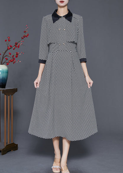 Black Print Silm Fit Chiffon a Line Dress Double Breast Spring