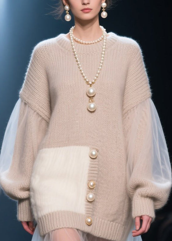 O Neck Tulle Patchwork Knit Long Sweater Fall