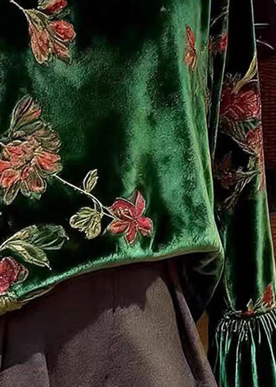 Green O Neck Print Patchwork Velour Blouses Spring