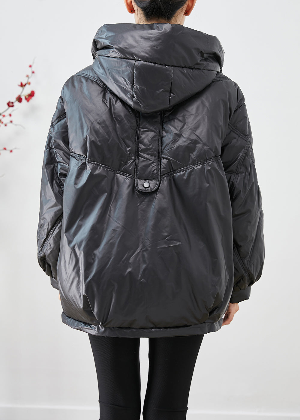 Black Oversized Drawstring Fine Cotton Filled Witner Jacket