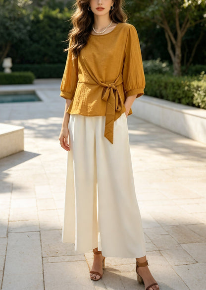 Yellow Cotton Two Pieces Set Oversized Tie Waist Half Sleeve