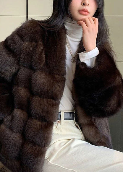 New Purple V Neck Pockets Leather and Fur Coat Winter