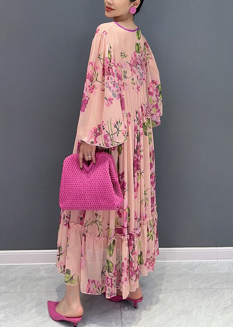 Pink Ruffled Print Tie Waist Chiffon Dress Flare Sleeve