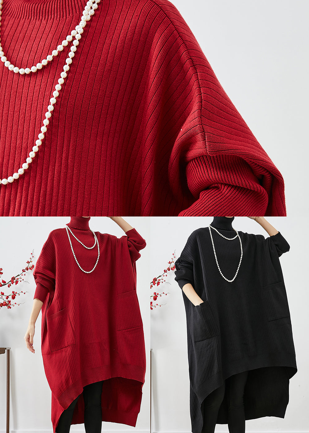 Modern Black Oversized Low High Design Knit Sweater Dress Batwing Sleeve Winter