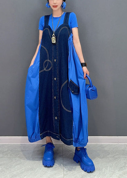 Blue Oversized Patchwork Cotton Denim Strap Dress Summer