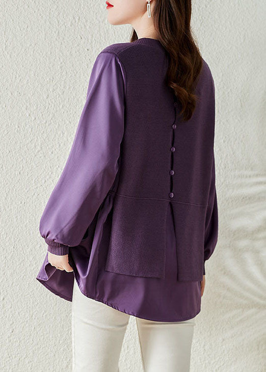 Purple V Neck Patchwork Knit Fake Two Piece Top Long Sleeve
