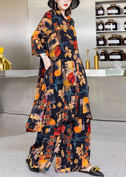 Black Asymmetrical Print Silk Shirts Wide Leg Pants Two Pieces Set Spring